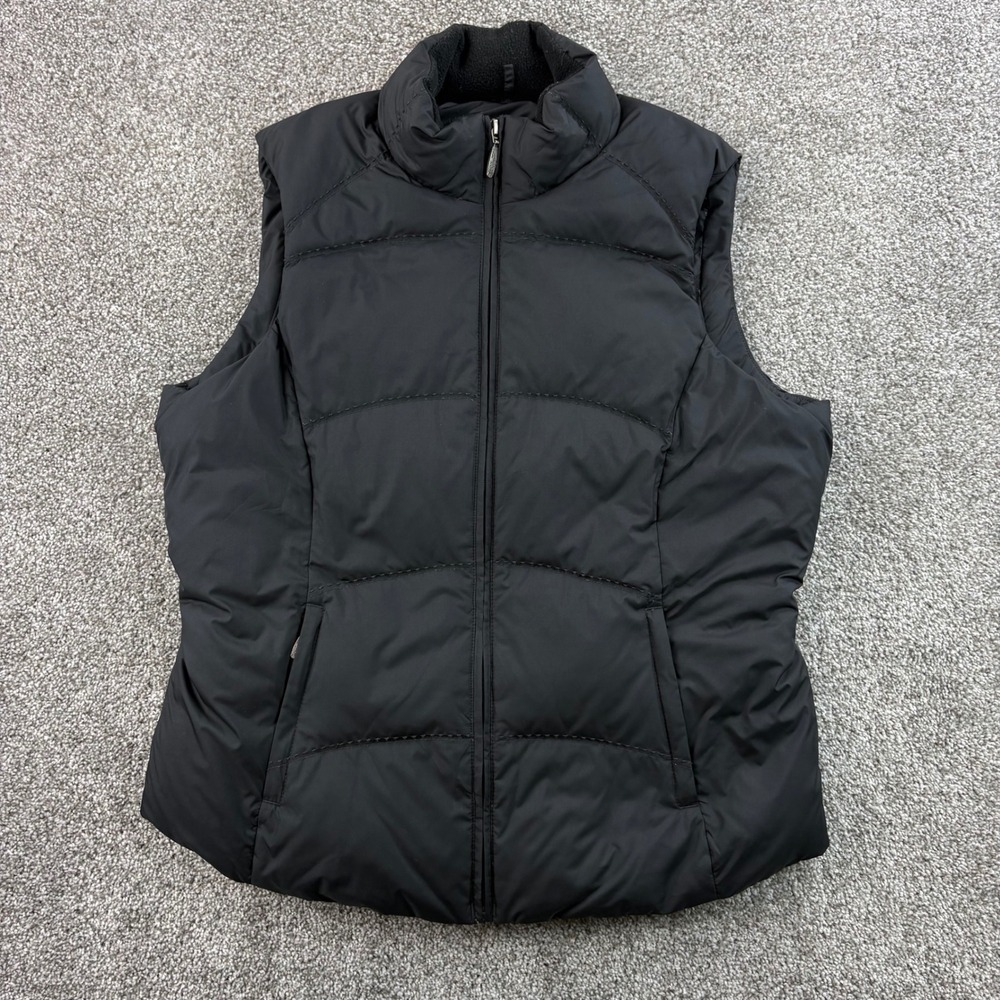 Eddie Bauer Puffer Vest Women's Large Black Goose Down Quilted Zip Fleece Collar